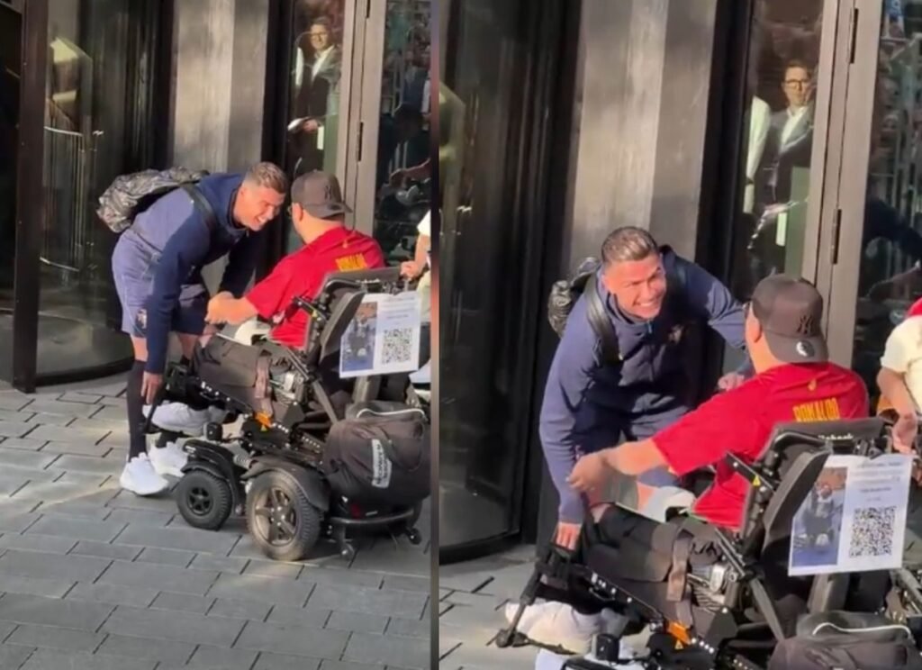 Cristiano Ronaldo leva pancada na canela ao atender fã em cadeira de rodas