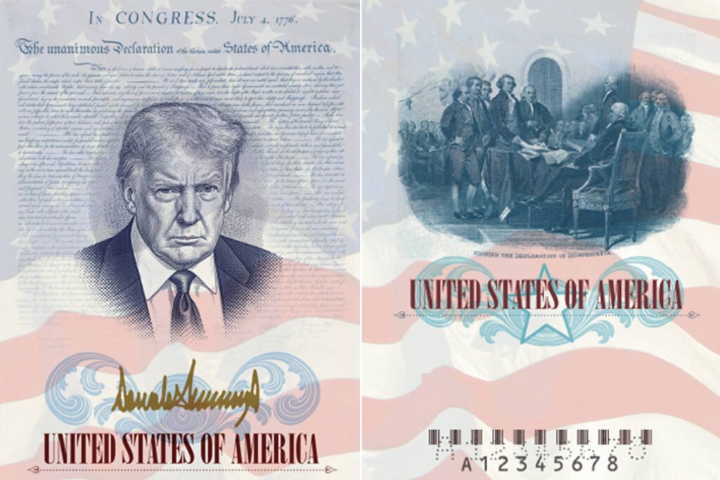 À esquerda, retrato gravado de Donald Trump sobre texto da Declaração de Independência dos Estados Unidos, com assinatura dourada e texto